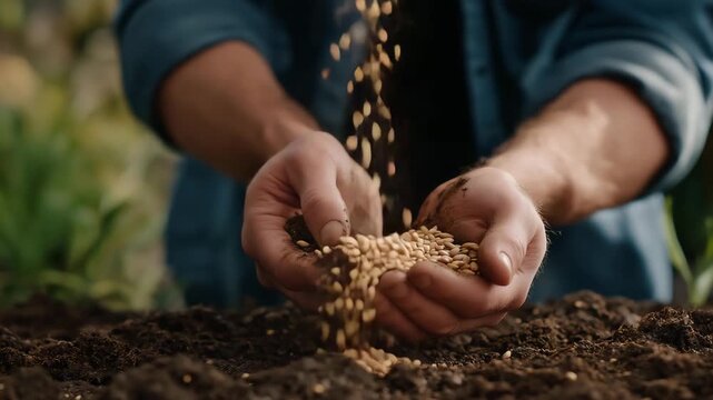 Soil crumbles between gardener&rsquo;s hands as seeds are gently placed into the earth, symbolizing sustainability, organic farming, growth cycles, and the timeless human bond with nature. three-quarter