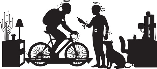 Silhouette of two people with halos one on a bicycle and another with a dog in a room with furniture and lamps
