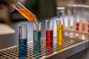 A gloved hand pours orange liquid into a tube, mixing with blue in lab, with various test tubes