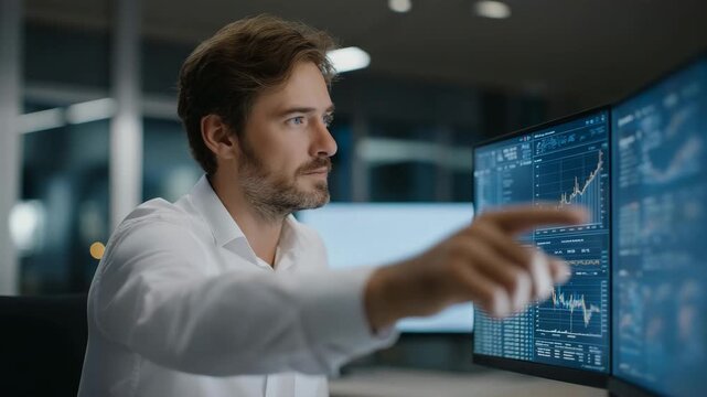 Executive examining 3D holographic graphs and digital dashboards displaying stocks, real estate, and assets, representing wealth management, modern financial planning, portfolio diversification,