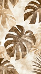 A beige and brown abstract design featuring large tropical leaves, creating a natural and calming aesthetic.