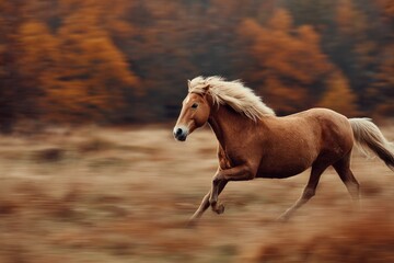 Obraz premium A golden horse gallops across a blurred autumn landscape with fiery foliage