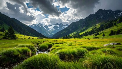 Naklejka premium Green meadow with mountains