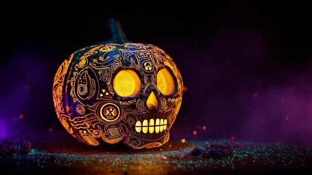 Glowing carved pumpkin skull for Halloween