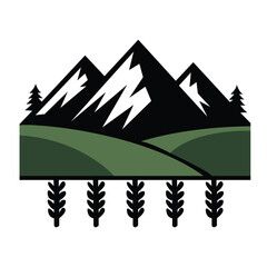 A bold, modern nature landscape graphic with snowy mountains, green rolling hills, and stylized black wheat stalks.