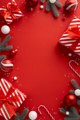 Vertical christmas scene featuring red gifts, striped wrappers, candy canes, baubles, and pine...