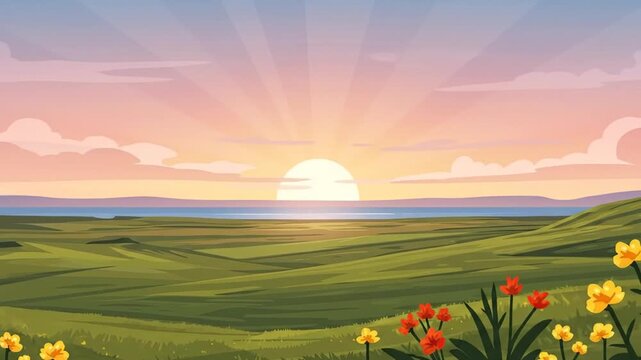 Sunrise over rolling green hills with bright sky and flowers
