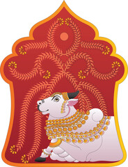 Holy cow in Kalamkari Indian traditional folk art on linen fabrics. It can be used for a coloring book, textile/ fabric prints, phone case, or greeting card. logo, calendar	
