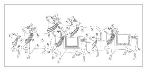 Holy cow in Kalamkari Indian traditional folk art on linen fabrics. It can be used for a coloring book, textile/ fabric prints, phone case, or greeting card. logo, calendar	
