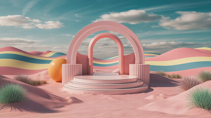 Dreamy Pastel Desert Landscape with Circular Arch Structure