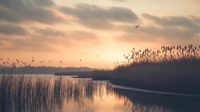 Tranquil scene of birds flying over a lake at sunset, nature landscape