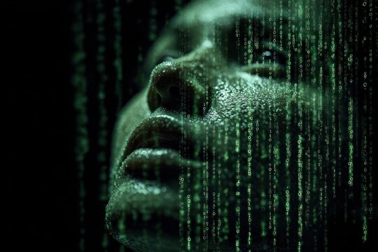 A person's face, wet with sweat, overlaid with a cascading stream of digital code