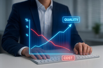 Business cost and quality analysis for performance optimization. Hands typing on keyboard with a digital overlay of graphs, showcasing trends, insights, and efficiency improvement strategies.