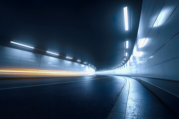 Dynamic light trails streak through modern highway tunnel with sleek architecture