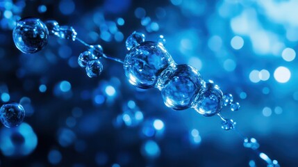 Dynamic water molecules in blue science experiment digital visualization abstract environment close-up view chemistry concept