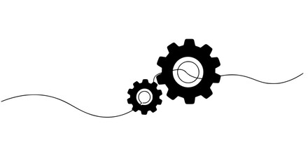 One line drawing of interlocking gears turning, minimalist concept of mechanics and teamwork