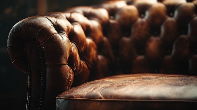 Close up of a luxurious brown leather Chesterfield sofa.