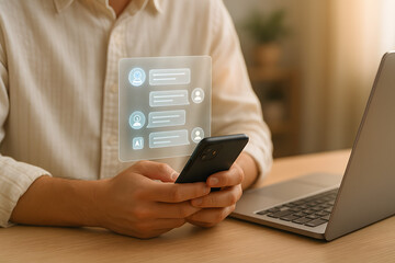 Business man using digital chatbot application Artificial Intelligence at home for online customer service. AI Chat Technology for Seamless Communication and Customer Engagement