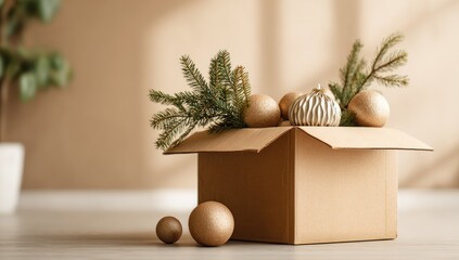 An open cardboard box holds Christmas ornaments, greenery, resting on a bright floor