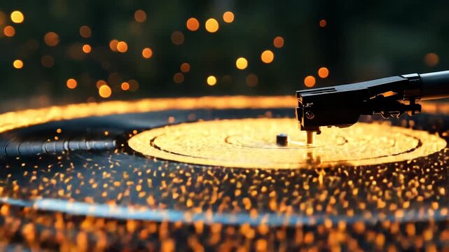 Close-up of a vinyl record player with warm, glowing bokeh lights in the background, creating a nostalgic and vibrant atmosphere.