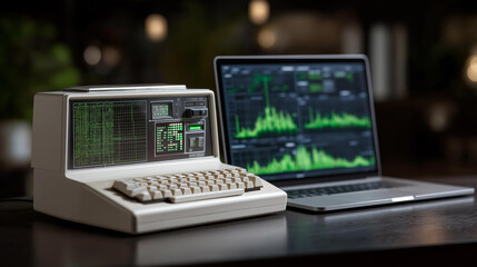 Vintage terminal in a dark room with green monochrome text, a modern laptop nearby showing network graphs, dark photo juxtaposition of past and present in hacking culture, cybersecurity evolution