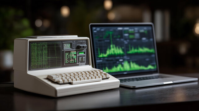 Vintage terminal in a dark room with green monochrome text, a modern laptop nearby showing network graphs, dark photo juxtaposition of past and present in hacking culture, cybersecurity evolution - Powered by Adobe