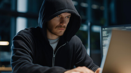 A hooded figure at a cluttered desk, backlit by a single monitor casting code reflections across their face, dark photo aesthetic emphasizing cyber mystery, hacker culture, cybersecurity tension,