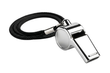 Silver whistle with black cord. Isolated on transparent background, png