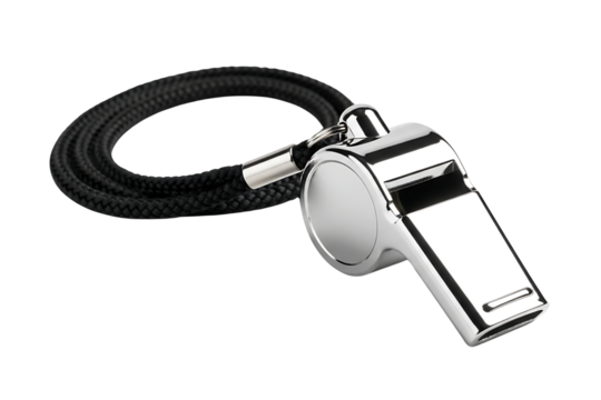 Silver whistle with black cord. Isolated on transparent background, png - Powered by Adobe