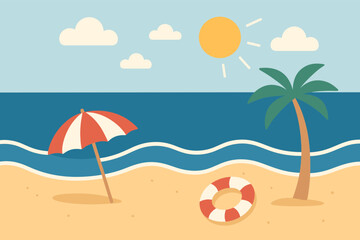 Fototapeta premium Sunny beach scene with palm tree and umbrella in minimalist style