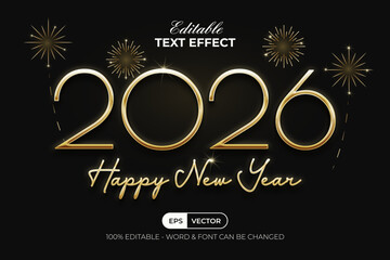 2026 Happy New Year Text Effect Gold Style. Editable Text Effect With Fireworks Background.