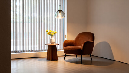 Modern living room with armchair and flowers