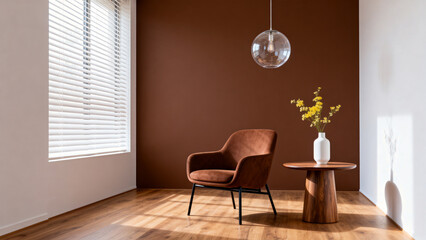 Modern living room interior with chair and flowers