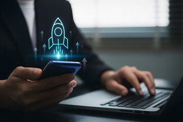 Business startup concept with businessman launching rocket, symbolizing investment growth, strategic planning, and corporate success through leadership and client base development