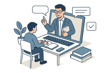 Online learning session with virtual teacher and student in isometric style