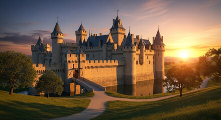 Fairytale castle with a moat and a bridge at sunset, with the sun shining through the trees and reflecting in the water, creating a magical and enchanting atmosphere
