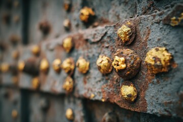 Close-up of a weathered metal surface with golden studs, showing rust and textures