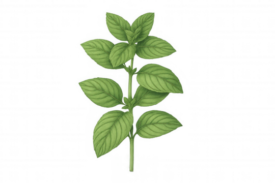 Basil herb plant botanical illustration, fresh green leaves on a stem, cooking ingredient, spice, seasoning