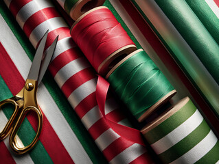Creative gift wrapping session with vibrant striped paper and scissors