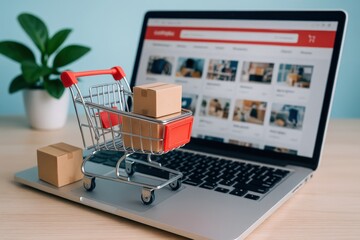 Digital commerce solution represented by a miniature shopping cart filled with cardboard boxes on a laptop, emphasizing seamless online ordering and rapid global delivery