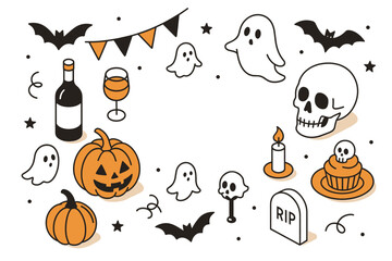 Fototapeta premium Spooky halloween fun with pumpkins, skulls, and ghosts in a cute flat style