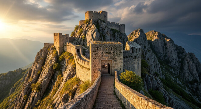 Ancient castle perched high on a rocky mountain, illuminated by the golden light of sunset, evoking a sense of history and timeless beauty