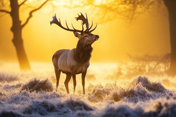 A majestic deer with antlers stands in the frosty meadows of an English countryside at sunrise wildlife nature golden.