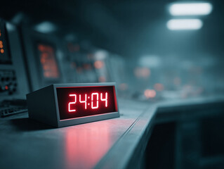 Futuristic aesthetic with a digital clock displaying 2404, in a tech control room. Depicts precision, deadlines, urgency, or a late hour. Perfect for technology, time, or control concepts.