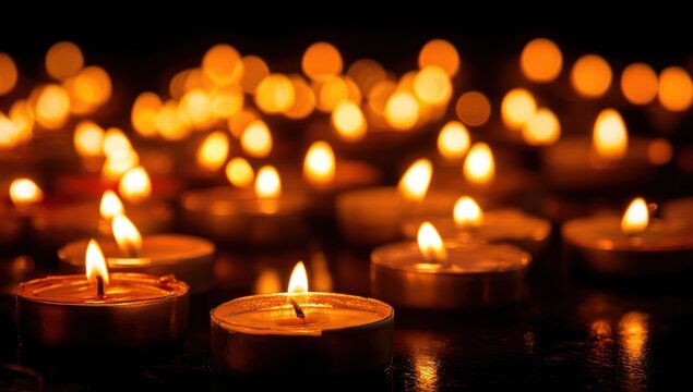 Close-up of lit tea light candles with soft focus bokeh on black background