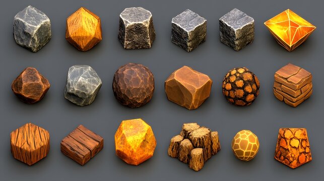 Stylized mineral resource game assets for game development or mining concepts, isolated