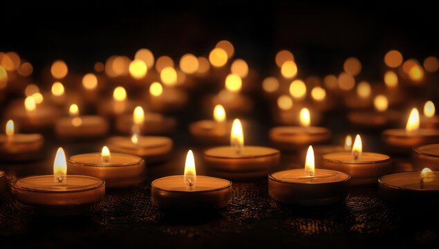 Close-up of multiple lit candles on a dark surface, creating a warm glow against darkness