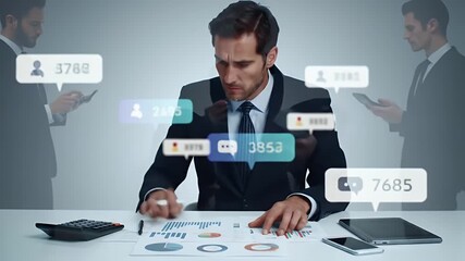 Focused Businessman Analyzing Charts at Desk with Floating Social Media Icons and Silhouetted Colleagues in Grayish White Background - Powered by Adobe