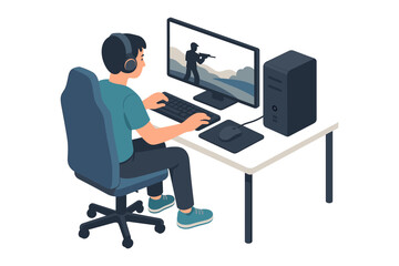 Gamer immersed in multiplayer shooter game on desktop setup with headphones