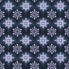 Abstract seamless pattern with geometric snowflakes and circular shapes in cool tones. Stylish winter background for modern design.